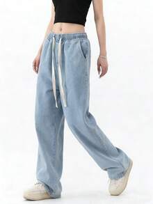 Pantalones rectos de estilo vintage americano de inspiración retro. Vaqueros casuales de pierna ancha para todas las estaciones. Vaqueros rectos de pierna ancha con cintura elástica y cordón ajustable. Pantalones casuales de estilo hongkonés con bolsillos. - Celeste - Ver 4