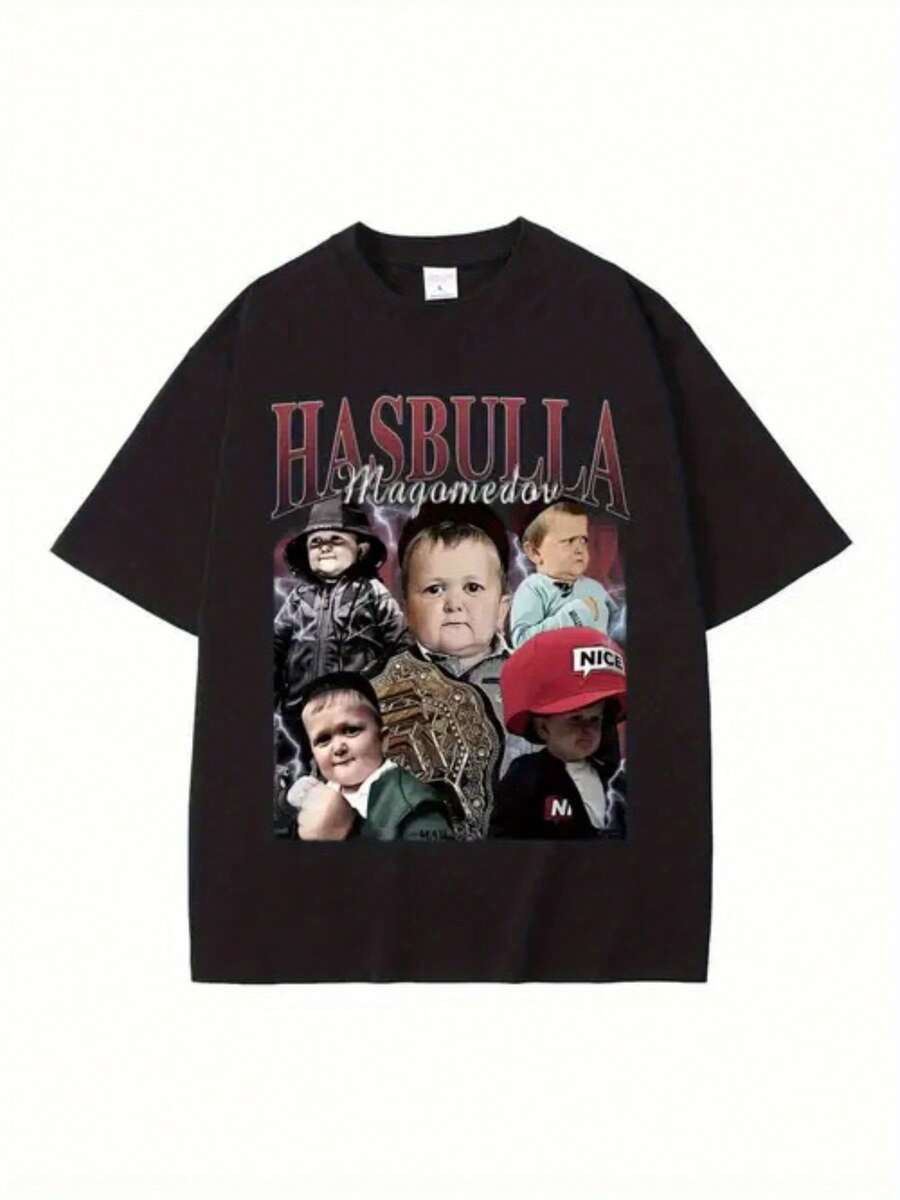 Women'S Hasbulla Funny Collage T-Shirt - Viral Internet Celebrity Graphic Print Oversized Streetwear Tee, With & Red Lettering, All-Season Casual Loose Fit Shirt For Parties, Outings & Casual Attire - Limited Stock Perfect Gift For Fans - 黑色 - 查看 1