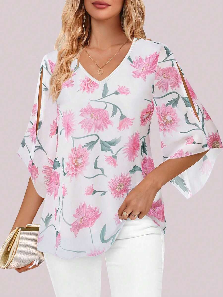 CheersLife Blusa holgada con volantes, cuello en V, doble capa de malla, con cinturón y mangas 3/4 para primavera y vacaciones - Beis - Ver 1