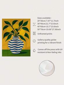 1 pieza Impresión de arte en lienzo con hojas verdes y limón amarillo sin marco - Diseño minimalista de jarrón cerámico a rayas, decoración de pared vibrante y audaz para sala de estar, dormitorio, oficina, cocina, uso interior/exterior, estética del hogar moderna, decoración de cocina con limón