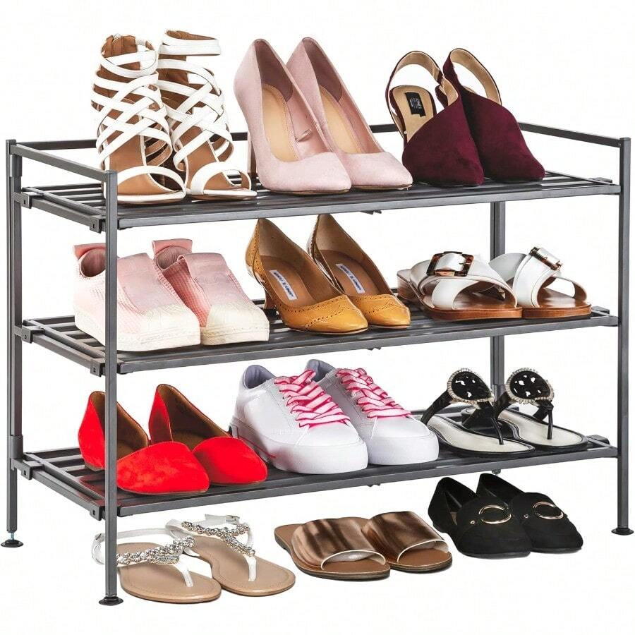 Seville Classics Sturdy Freestanding Storage Shelf for Bedroom Closet Entryway Dorm Room Organizer Stackable Durable Metal Shoe Rack Ash Gray Slat 3-Tier - Listón gris ceniza - Ver 1