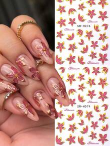 2片装红色花朵美甲贴纸，自粘式DIY花朵装饰贴花，金色边缘，美甲装饰配件，适合女性女孩DIY春季美甲设计，美甲用品 - 彩色 - 查看 2