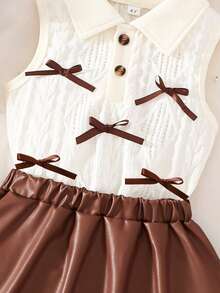 2pcs/Set Young Girl Casual Bow Knit Jacquard Sleeveless Polo Collar Tank Top And PU Leather Mini Skirt Set, Suitable For Summer Daily Casual And Holiday - Brown - View 6