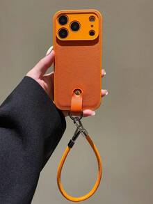 1pc Premium Orange Lychee-Textured Leather Phone Case + Short Strap Compatible With IPhone 17 Pro Max 17 Pro Air 16 15 14 13 12 11 Pro Max Plus Soft TPU Back Cover - Orange - View 1