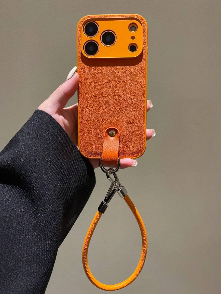 1pc Premium Orange Lychee-Textured Leather Phone Case + Short Strap Compatible With IPhone 17 Pro Max 17 Pro Air 16 15 14 13 12 11 Pro Max Plus Soft TPU Back Cover - Orange - View 1