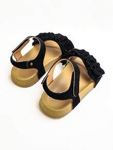 1双时尚纯色蕾丝优雅魔术贴女童平底凉鞋，舒适耐穿，适合户外活动和夏季穿着。 - 黑色 - 查看 6