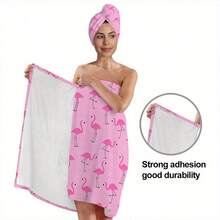 1/2件套火烈鸟图案高品质浴袍套装，1件柔软浴袍+1个吹风帽，粉色友好浴巾礼品，浴室必备，家居用品 - 彩色 - 查看 8