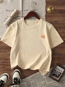 1pc Girls Casual Hamburger Print Round Neck Short Sleeve T-Shirt, Summer Student Young Children Clothing - Apricot - View 4
