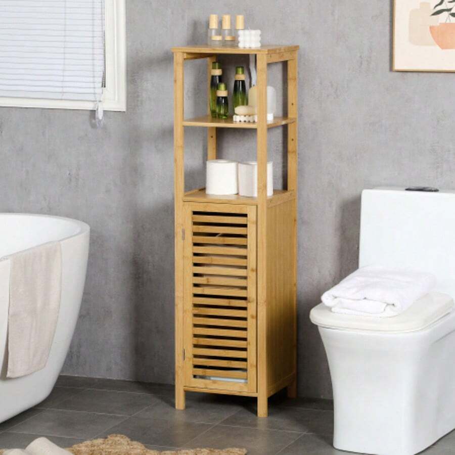 Kleankin Height-Adjustable Bathroom Cabinet, Bamboo Bathroom Cabinet, Bathroom Furniture With Cabinet, Two Open Shelves, For Bathrooms, Approx. 33 X 30 X 120 Cm Natural Wood - Khaki - View 1