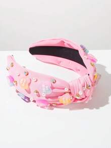 1pc Solid Color Fabric Korean Style Sweet Valentine's Day Headband, Versatile Minimalist Pearl Rhinestone Heart Letter Decor Hair Accessory, Creative Personalized Valentine's Day Holiday Essential, Hair Band, Hair Hoop - Pink - View 3