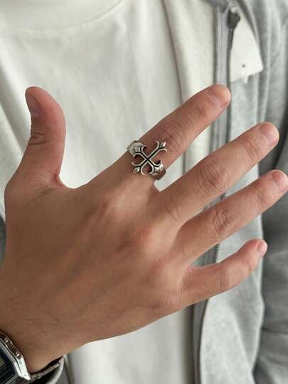 1 pieza Anillo de joyería con encanto de cruz hueca vintage gótica, versátil para punk, hip-hop, vacaciones, fiestas, uso diario casual, fotos callejeras, bodas, eventos de rock, regalos para hombres y parejas en días festivos y cumpleaños