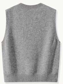 Einfache Knopfverzierung, einfarbiger Rundhals-Strickweste ohne Ärmel - Grau - Übersicht 4