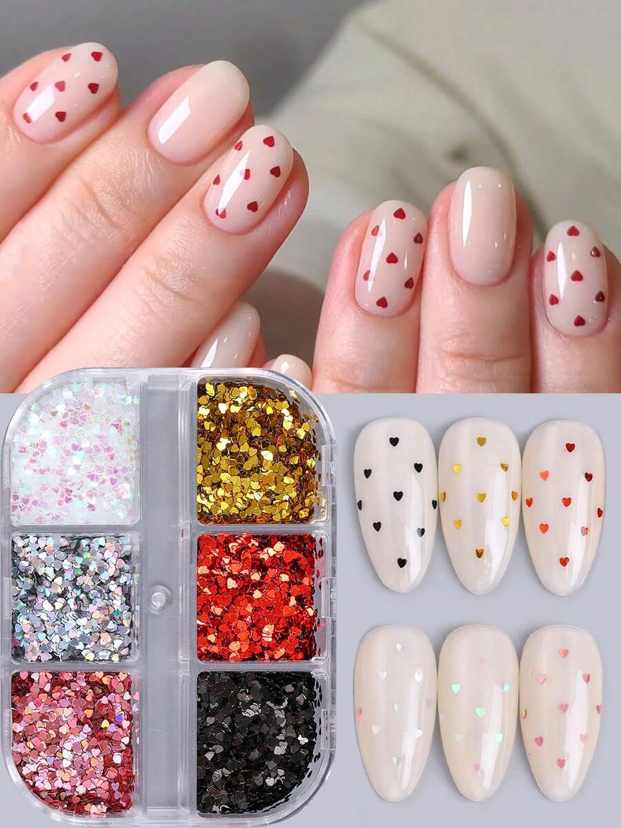 1 Box Holographic Laser Mini Heart Nail Glitters, Valentine's Day Red & Pink Heart Nail Art Decorations, Suitable For 3D Holiday Nail DIY Design, Women Nail Salon Nail Gems Nails Nail Supplies - Multicolor - View 1