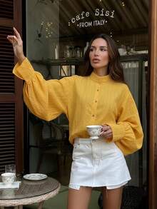 1pc Loose Fit Long Sleeve Jacquard Shirt/Tee, Turtleneck, Versatile & Fashionable, Suitable For Women, Great For Autumn, Suitable For Casual, Holiday, Office, Home, Birthday Party, Spring/Summer/Fall - Mustard Yellow - View 5