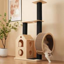 Solid Wood Cat Tree With Exercise Wheel – 80*40*152 Cm. Scratching Post With 4 Platforms, 2 Cat Houses, Sisal Posts & Washable Scratching Mats, Cat Roll, Cat Exercise Wheel, Cat Tree, Cat Climbing Frame - Khaki - View 5
