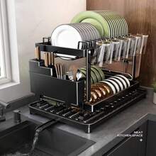1pc Double-Layer Steel Dish Drying Rack With Cutlery Holder, Cup Rack And Extra Drip Mat, Space-Saving, Rust-Resistant, Kitchen Storage Essential, Sturdy Construction, Holds Plates, Cups And Utensils, Easy To Clean - Multicolor - View 2