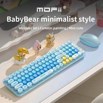 Combo de teclado y mouse inalámbrico MOFII BabyBear, conexión inalámbrica 2.4G plug-and-play, diseño ergonómico, teclas redondas con diseño de dibujos animados, escritura silenciosa, periférico compacto para portátil, PC de oficina y hogar