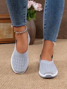 Hollow Knit Women's Shoes, Soft Sole Comfortable Slip-On Casual Walking Shoes - Grey - View 5