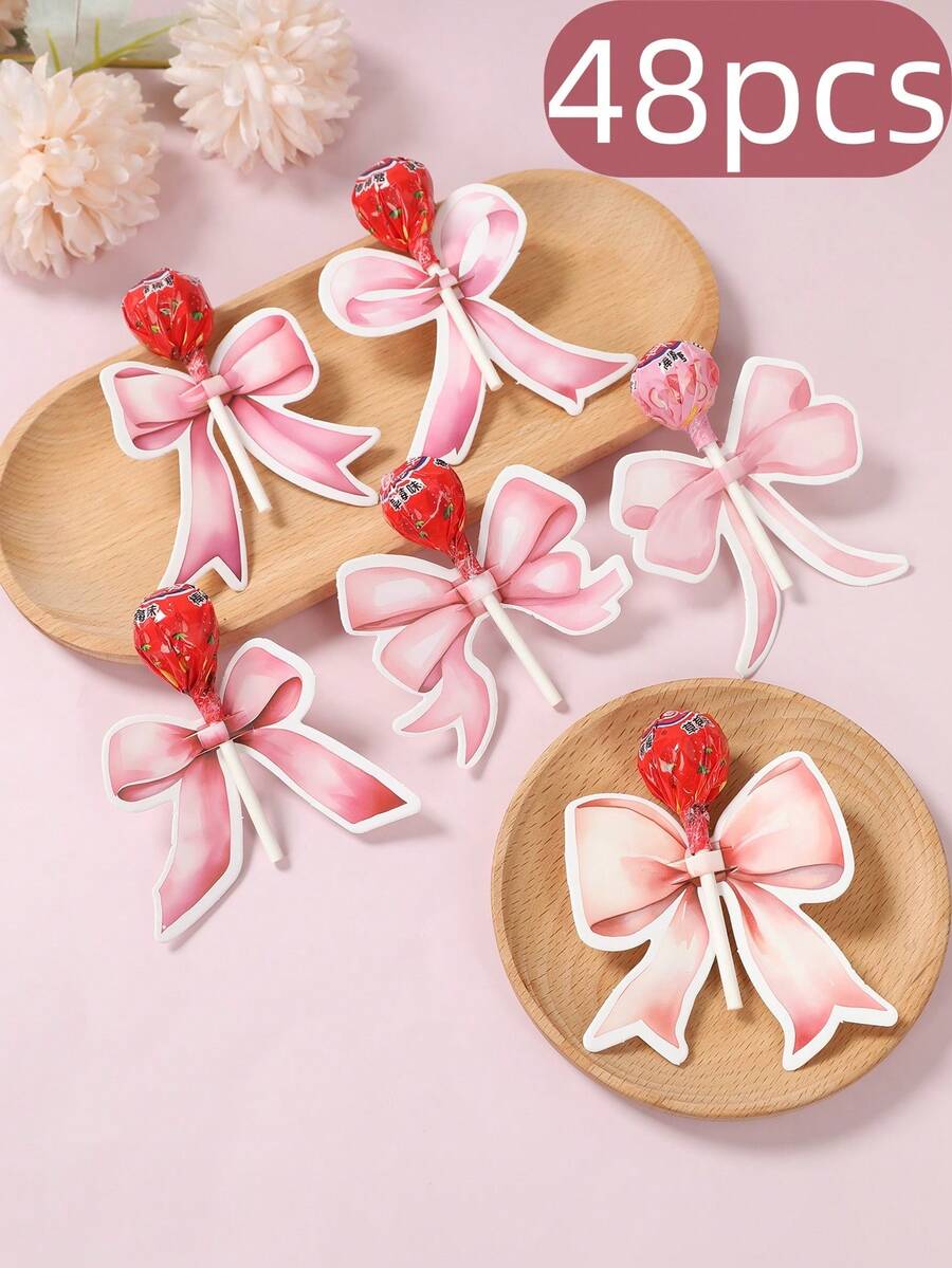 48张蝴蝶结棒棒糖装饰卡，粉色蝴蝶结棒棒糖卡，蝴蝶结棒棒糖生日派对用品，婴儿派对装饰，新娘派对棒棒糖包装，粉色主题派对装饰，性别揭晓派对装饰，派对餐桌装饰，蝴蝶结装饰，生日礼物，派对小礼物，礼品包装标签，生日装饰，礼品包装，派对礼物