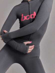 Slim-Fit Letter Print Zipper 2-Piece Set - Women's Fall Hooded Long Flare Pants Tracksuit - 灰色 - 查看 1