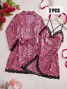 Bộ đồ ngủ 3 món họa tiết da báo phối ren, áo ngủ cổ chữ V có dây thắt eo, đồ ngủ và mặc nhà thanh lịch dành cho nữ. - Màu Hồng Tươi - Xem 10