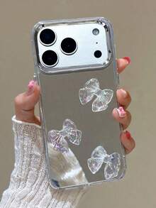 奢华3D激光蝴蝶结化妆镜手机壳，兼容 17 Pro Max、17 Pro、16 Pro Max、15、14 Pro、13、12 Pro、14、16 Plus、17 Air、11、13，电镀亚克力防震保护套 - 銀色 - 查看 2