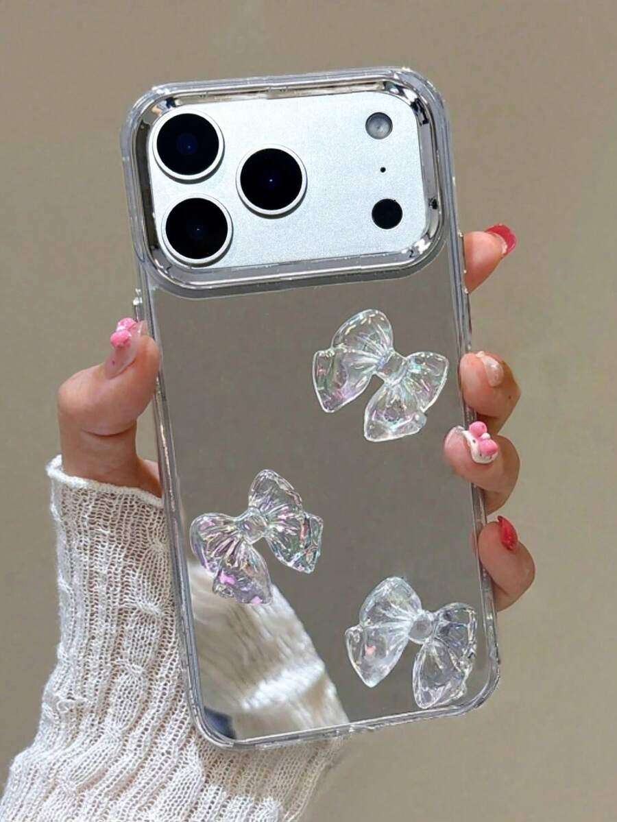 奢华3D激光蝴蝶结化妆镜手机壳，兼容 17 Pro Max、17 Pro、16 Pro Max、15、14 Pro、13、12 Pro、14、16 Plus、17 Air、11、13，电镀亚克力防震保护套