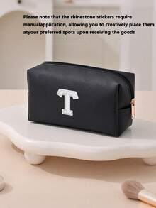 1pc Women's Octagonal Makeup Bag, Travel Organizer Bag, Bridal Makeup Bag, PU Letter Makeup Bag, Portable Chenille Letter Zipper Makeup Bag, Letter Patch PU Leather Waterproof Travel Toiletry Bag, Letter Combination Cosmetic Bag (Letter A~Z), Suitable For Autumn Home Decor - Black and White Lettering - View 12
