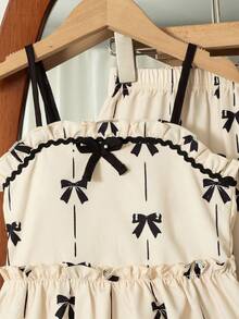 2 pièces/set Top de camisole décoré d'un nœud imprimé et pantalon à taille élastique pour filles, tenue d'été - Nude - Voir 3