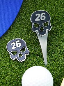 一合一高尔夫球位修补器 - 骷髅头设计 - 带帽夹的高尔夫球标记器套装 - 防水耐用的高尔夫球场配件 - 高尔夫球手的理想礼物 - 小巧便携，适合户外使用 - 高尔夫球场维护工具、高尔夫球维修工具、高尔夫球包配件、高尔夫球维修、完美的高尔夫礼品套装