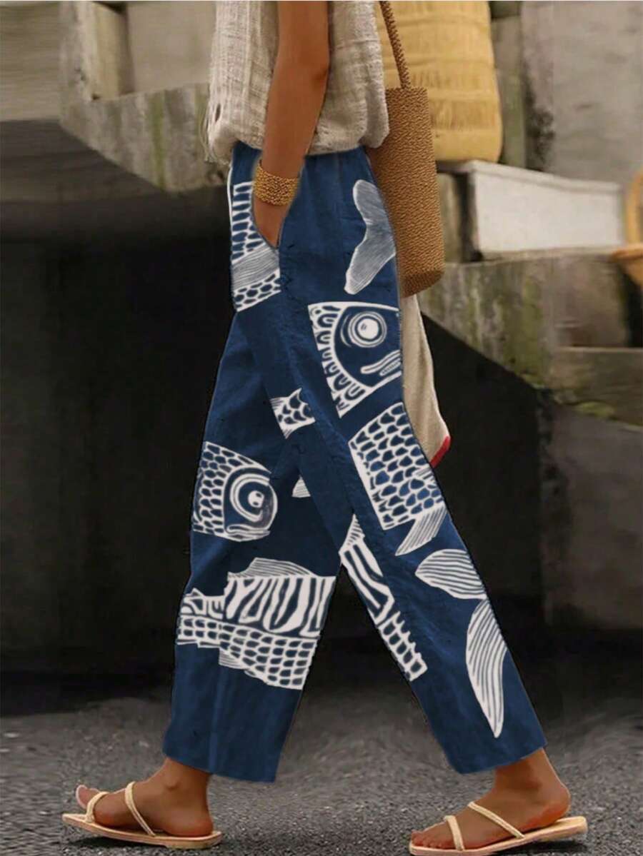 波西米亚风女士宽松鱼鳞印花休闲裤，适合早午餐穿着，春夏皆宜 - 藏蓝色 - 查看 1