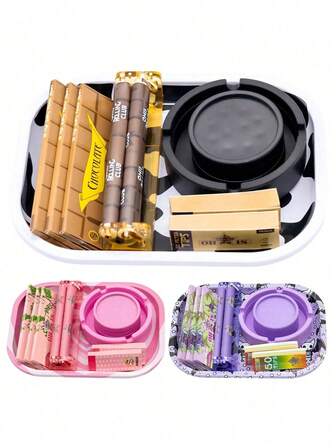 18cm*14cm Patterned Tray Set, Includes 110mm Flavored Rolling Papers, 110mm Patterned Manual Rolling Machine, Filter Papers, Ashtray, Dual-Layer Manual Grinder, Suitable For Parties, Holidays, Birthdays, Valentine's Day Gifts