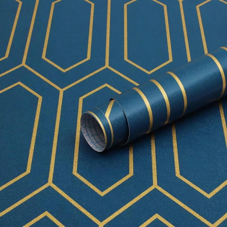 Safiyya Papel Tapiz Despegar y Pegar Dorado y Azul Papel de Pared Geométrico Papel de Contacto Texturizado Autoadhesivo Removible para Baño Rollo de Vinilo 118"x17.3" - Azuloscuroydorado - Ver 1
