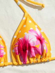 Conjunto de bikini con estampado floral y de lunares para mujer, de tela de alta elasticidad - Amarillo - Ver 3