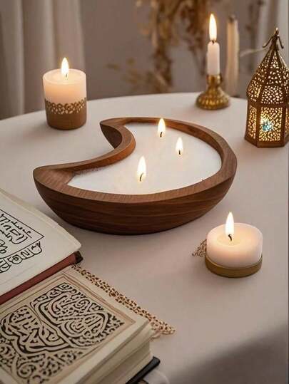 1pc Wooden Crescent Moon Shaped Aromatherapy Candle, Ramadan Special, Eid Gift, Can Be Used As Holiday Gifts, Decorative Gifts, Festival Candles, Birthday Gifts, Souvenirs And Small Gifts. Especially Suitable For Ramadan, Eid, Valentine's Day, Easter, Mother's Day, Tabletop Decor And Indoor Decoration.