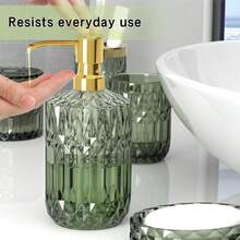 Bộ phụ kiện phòng tắm bằng thủy tinh đính đá Rhinestone 5 món, bao gồm hộp đựng kem dưỡng da, đĩa đựng xà phòng, giá để bàn chải đánh răng, bình đựng cốc và tăm bông, đồ trang trí hiện đại làm quà tặng tân gia Trang trí phòng tắm tại nhà khi trở lại trường - màu xanh lá - Xem 5