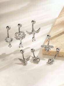 1pc Elegant Copper Zirconia Heart & Wing Shaped Belly Button Ring, Stainless Steel Bar Body Piercing Jewelry