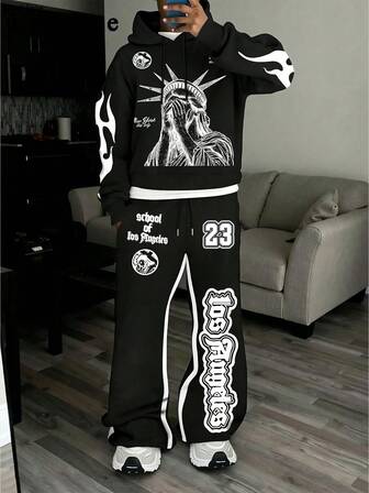 Lonblece 2pcs Autumn/Winter Men's Streetwear Hoodie & Pants Set, American Street Style Statue Of Liberty & Flame Print, Black Hoodie With Contrasting Letter Print Pants, Casual & Versatile For Young Adults