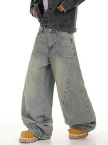 1pc Justice Brother Casual Patchwork Loose Fit Barrel Leg Jeans, Distressed Wash, Street Style Pants For Men (Excluding Belt/Accessories) - Teal Blue - View 8