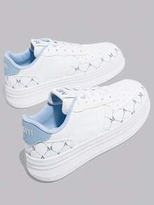 1双时尚休闲厚底运动鞋，白色系带运动鞋，适合所有季节 - 藍色 - 查看 1