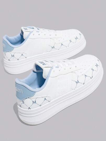 1双时尚休闲厚底运动鞋，白色系带运动鞋，适合所有季节