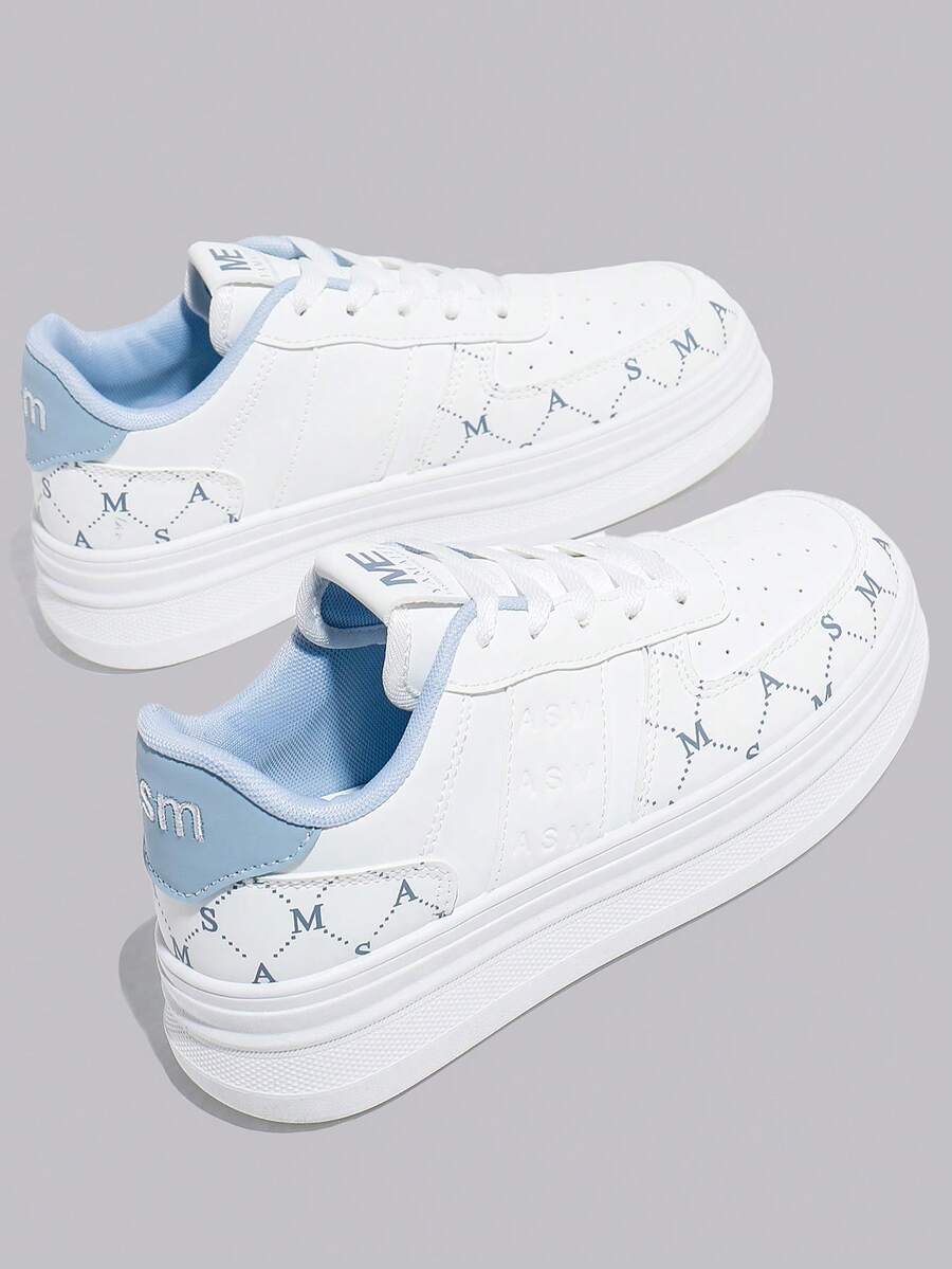 1双时尚休闲厚底运动鞋，白色系带运动鞋，适合所有季节 - 藍色 - 查看 1