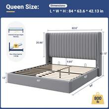 Allewie Full/Queen/King Size Sturdy Lift Up Storage Bed Frame – Built-In Hydraulic Lift Support System, Elegant Upholstered Platform Bed With Spacious Underbed Storage, Vertical Channel Tufted Wingback Headboard, No Box Spring Needed, Easy Assembly, Grey - Xám - Xem 9