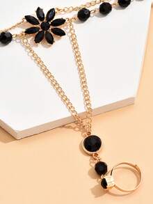 1pc Fashionable Floral Linked Finger Chain Bracelet, Gold-Tone Multi-Layer Integrated Finger Chain Jewelry, Vintage Chic For Party And Daily Wear - Finger Chain - View 5