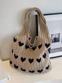 1pc Heart Contrast Color Knitted Tote Bag, Large Capacity Fashion Beach Bag, Versatile For Commuting, Summer Outfits - Multicolor - View 15