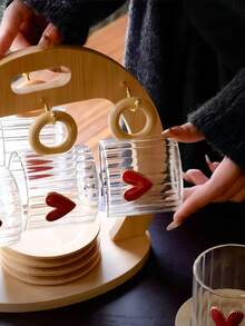 一套杯碟，创意奢华心形玻璃咖啡杯，高端精致心形早餐杯，办公水杯，配有高档木柄杯和圆形木碟，适用于餐厅、咖啡馆、办公室、甜品店、礼品 - 彩色 - 查看 5