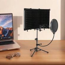 Microphone Isolation Shield With Mic Stand, Sound Proof Mic Isolation Shield, High Density Absorbent Foam Microphone Stand For Recording Studio Vocal Booth Equipment - Black - View 7