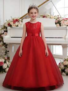 长款公主裙花童裙，适合婚礼、生日派对、钢琴演奏会、正式场合