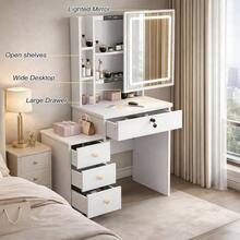 Large Vanity Desk With Light Mirror, Makeup Vanity Dressing Table With 4 Drawers, With Stool And Storage Shelves, Bedroom Vanity Table For Women' S Day (White) - Màu trắng (Không có ghế) - Xem 3