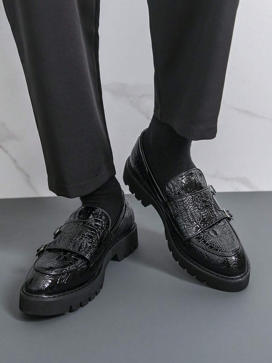 Men's Thick Sole Derby Shoes With Buckle Design, Loafers, Retro Monk Shoes, Formal Dress Shoes, British Style - Black - View 1